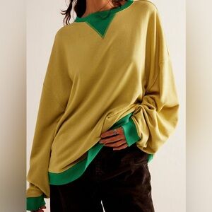 We The Free Olive Scoop Neck Sweater with Green Trim